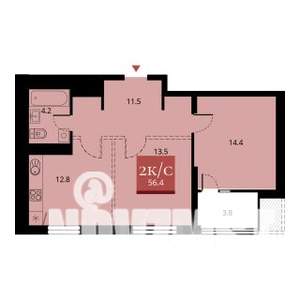 2-к квартира, строящийся дом, 56м2, 16/23 этаж
