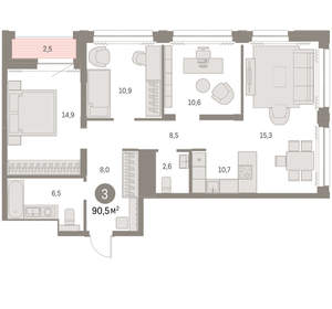 3-к квартира, вторичка, 90м2, 19/30 этаж