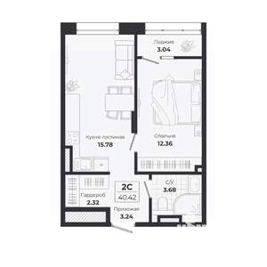 2-к квартира, строящийся дом, 37м2, 5/9 этаж