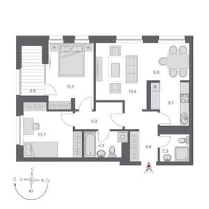 3-к квартира, сданный дом, 70м2, 13/23 этаж