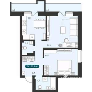 2-к квартира, вторичка, 55м2, 16/25 этаж