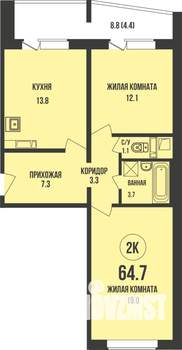 2-к квартира, строящийся дом, 65м2, 12/13 этаж
