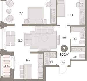 2-к квартира, вторичка, 85м2, 8/30 этаж