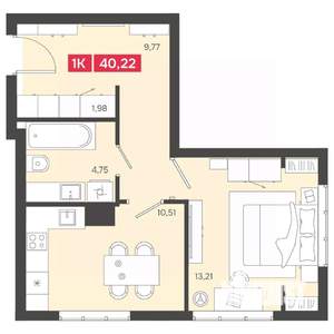 1-к квартира, вторичка, 40м2, 13/22 этаж