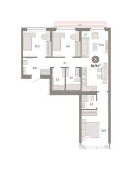 3-к квартира, вторичка, 85м2, 7/9 этаж