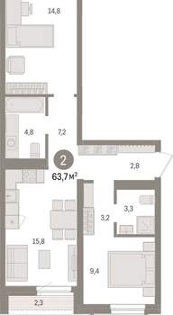 2-к квартира, вторичка, 64м2, 2/15 этаж