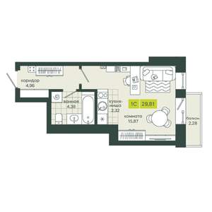 1-к квартира, вторичка, 30м2, 12/25 этаж