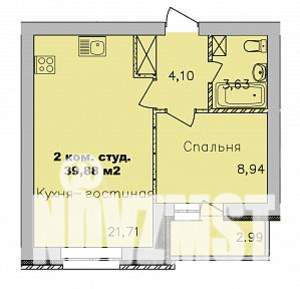 2-к квартира, строящийся дом, 40м2, 7/9 этаж