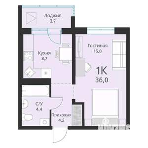 1-к квартира, вторичка, 36м2, 7/16 этаж