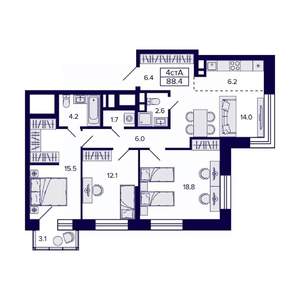 4-к квартира, вторичка, 88м2, 4/23 этаж