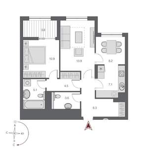 2-к квартира, строящийся дом, 59м2, 10/21 этаж