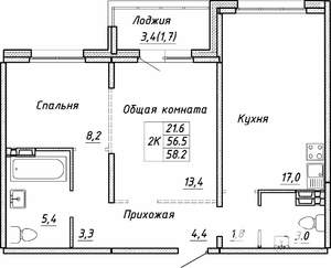 2-к квартира, строящийся дом, 58м2, 2/17 этаж