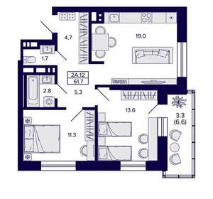 2-к квартира, вторичка, 62м2, 20/20 этаж
