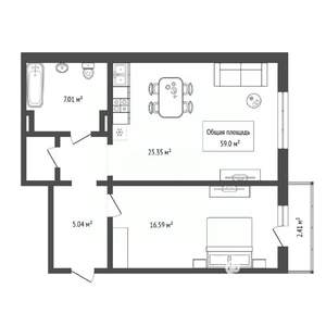 1-к квартира, вторичка, 59м2, 1/10 этаж