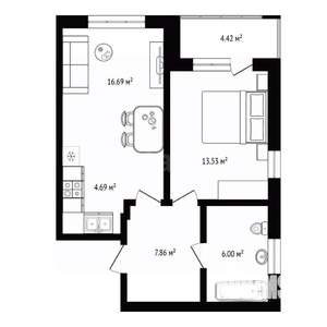 1-к квартира, вторичка, 49м2, 1/30 этаж
