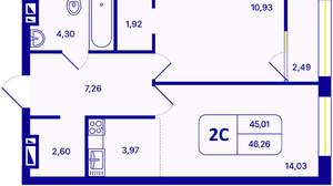 2-к квартира, вторичка, 46м2, 17/26 этаж