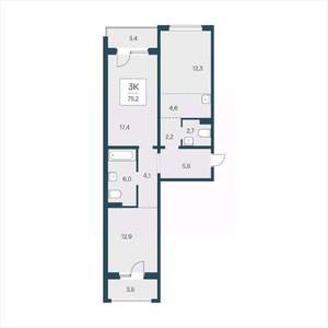 3-к квартира, вторичка, 75м2, 1/17 этаж