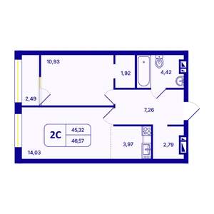 2-к квартира, вторичка, 47м2, 2/26 этаж