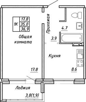 1-к квартира, строящийся дом, 35м2, 4/17 этаж
