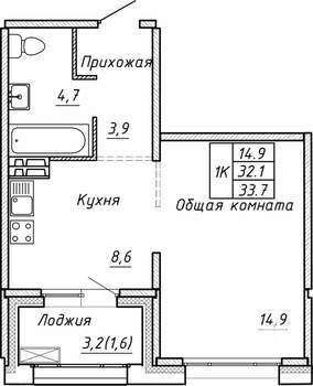 1-к квартира, вторичка, 34м2, 7/15 этаж