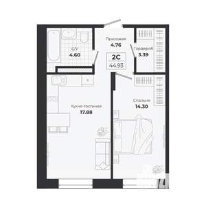 2-к квартира, строящийся дом, 45м2, 2/9 этаж