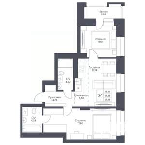 3-к квартира, вторичка, 59м2, 5/24 этаж