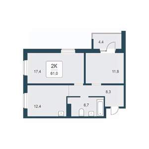 2-к квартира, вторичка, 61м2, 12/17 этаж
