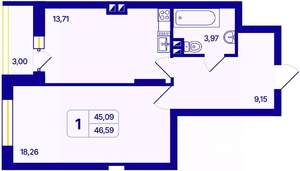 1-к квартира, вторичка, 47м2, 8/26 этаж
