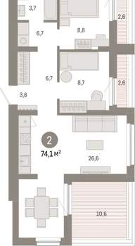 2-к квартира, вторичка, 74м2, 12/12 этаж