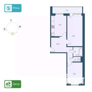 2-к квартира, строящийся дом, 62м2, 15/17 этаж