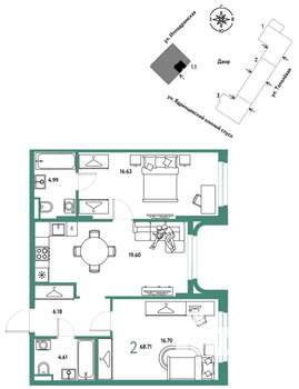 2-к квартира, вторичка, 69м2, 26/30 этаж