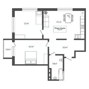 2-к квартира, вторичка, 80м2, 11/17 этаж