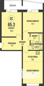 2-к квартира, строящийся дом, 65м2, 9/13 этаж