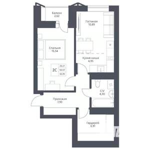 2-к квартира, вторичка, 53м2, 19/24 этаж