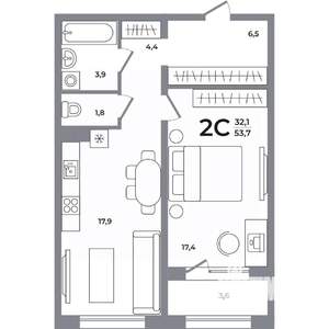 2-к квартира, вторичка, 54м2, 6/17 этаж