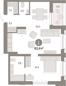 1-к квартира, вторичка, 63м2, 9/9 этаж