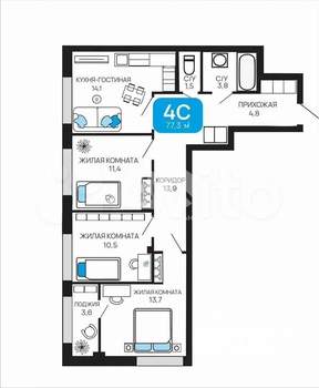 3-к квартира, вторичка, 77м2, 2/2 этаж