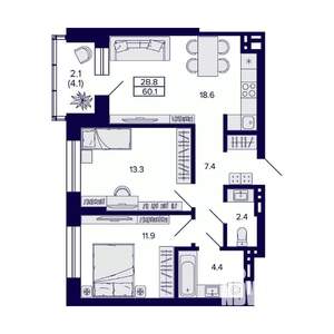 2-к квартира, вторичка, 60м2, 10/20 этаж