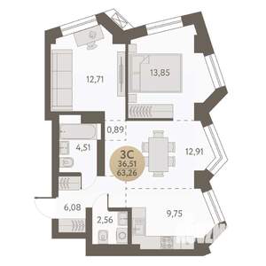3-к квартира, вторичка, 63м2, 17/31 этаж