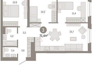 3-к квартира, вторичка, 71м2, 6/24 этаж