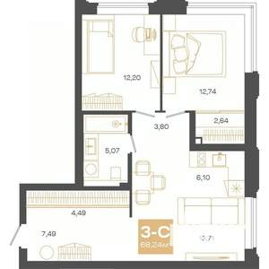 3-к квартира, строящийся дом, 68м2, 2/24 этаж