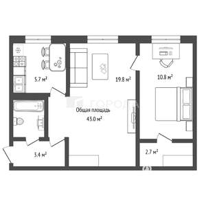 2-к квартира, вторичка, 43м2, 1/5 этаж