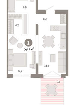 1-к квартира, вторичка, 60м2, 1/17 этаж