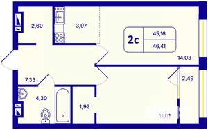2-к квартира, вторичка, 46м2, 16/26 этаж