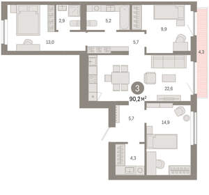 3-к квартира, вторичка, 90м2, 4/12 этаж