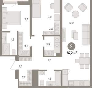 2-к квартира, вторичка, 87м2, 6/15 этаж