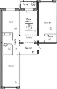 3-к квартира, строящийся дом, 88м2, 13/17 этаж