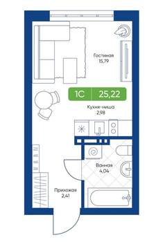 1-к квартира, вторичка, 25м2, 12/22 этаж