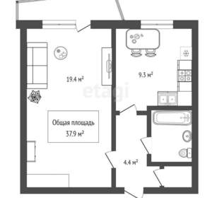 1-к квартира, вторичка, 38м2, 8/9 этаж
