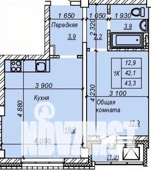 1-к квартира, строящийся дом, 43м2, 4/9 этаж